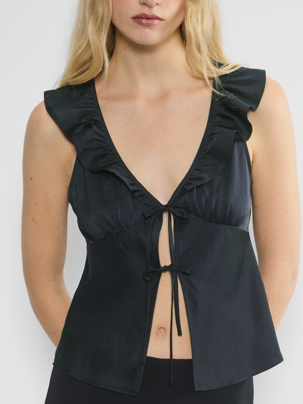 Wilfred Tonka Black Satin blouse Ruffle Tie Front Camisole
